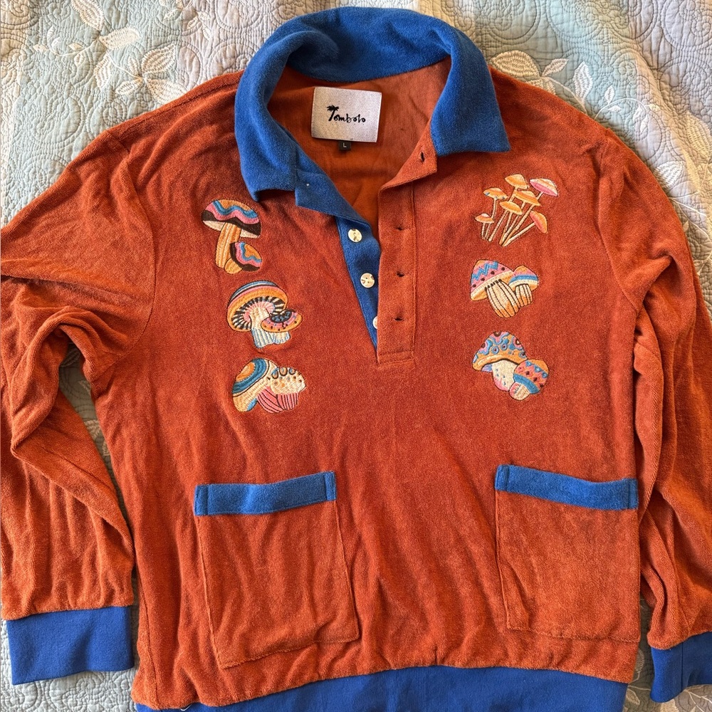 “Disco Fungi” Cabana Orange Shirt with Blue Accents NWOT